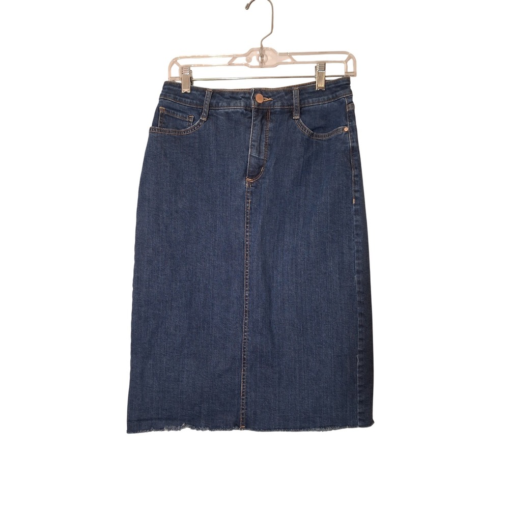 a.n.a Denim Midi Skirt Size 4 Blue Frayed Raw Hem Stretch Jean Skirt